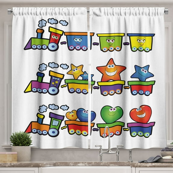 Ambesonne Cartoon Kitchen Curtains, Cheerful Happy Trains, 55"x39", Multicolor