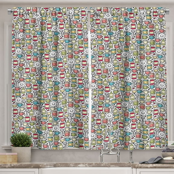 Ambesonne Cartoon Kitchen Curtains, Coffee Mugs Milk Bottles, 55"x36", Multicolor