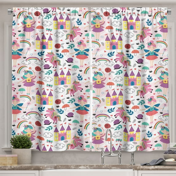 Ambesonne Cartoon Kitchen Curtains, Colorful Composition, 55"x39", Multicolor