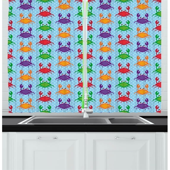 Ambesonne Cartoon Kitchen Curtains, Crabs on Blue Backdrop, 55"x39", Multicolor