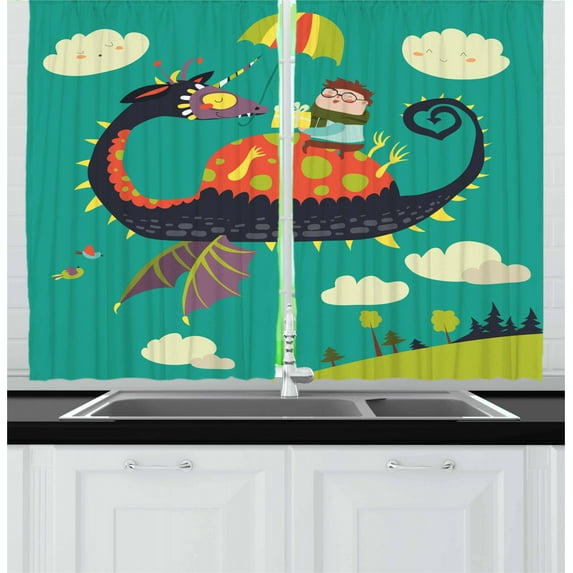 Ambesonne Cartoon Kitchen Curtains, Fantasy Dragon Rider, 55"x39", Multicolor