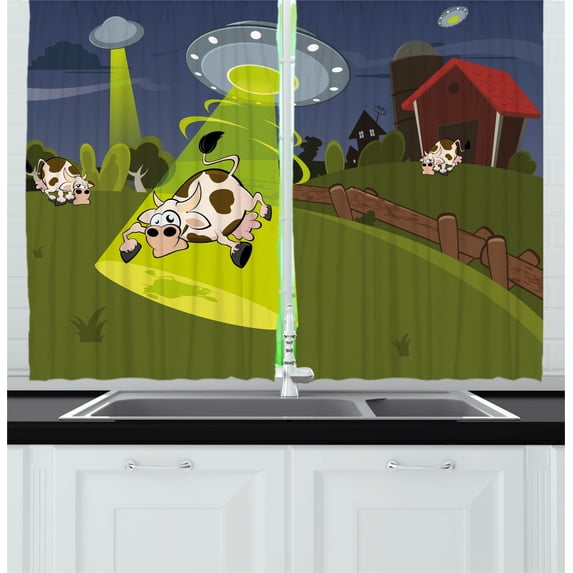 Ambesonne Cartoon Kitchen Curtains, Farm Cow Alien Comics, 55"x39", Multicolor