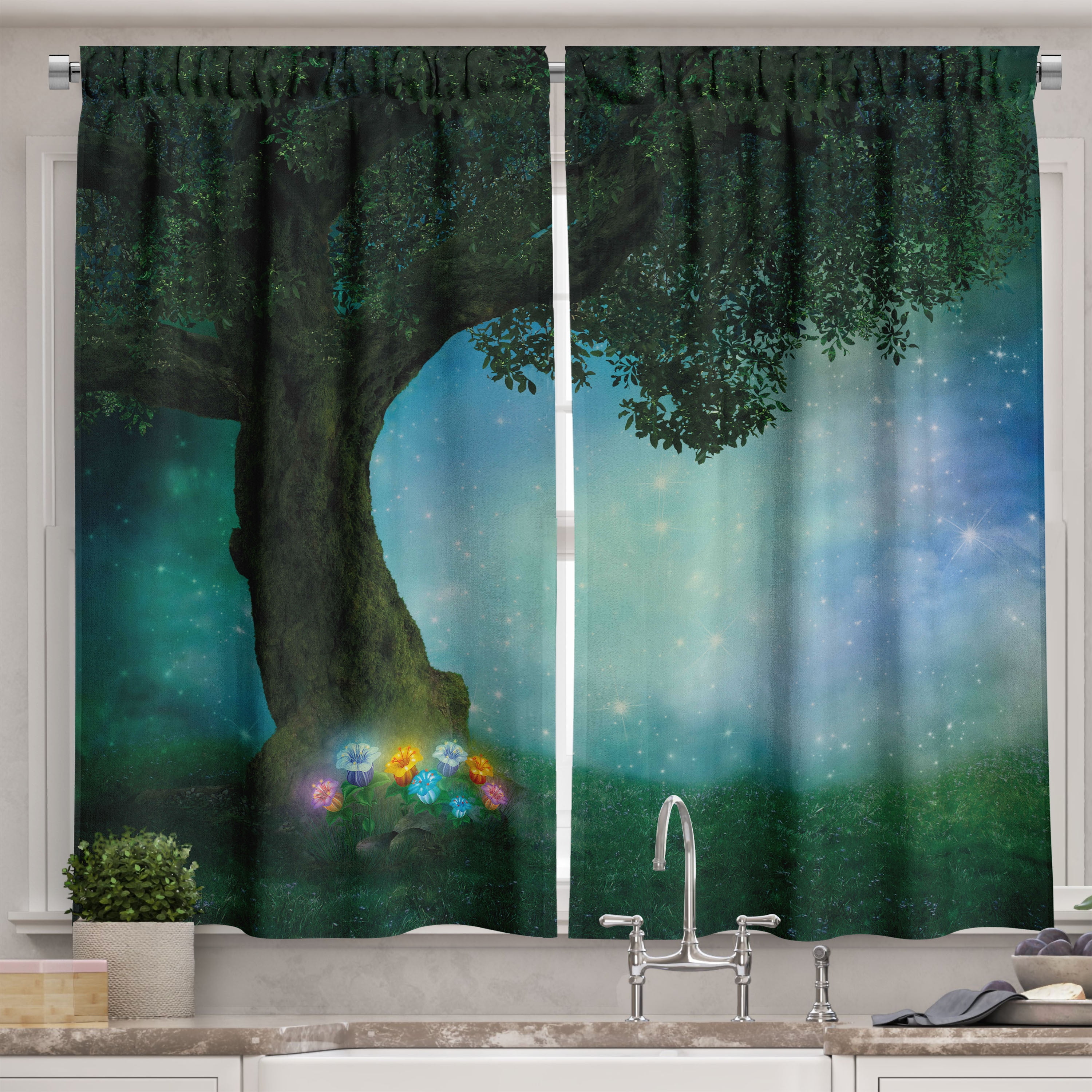 Enchanted Forest Multicolor Polyester Light-Filtering Kitchen Curtains