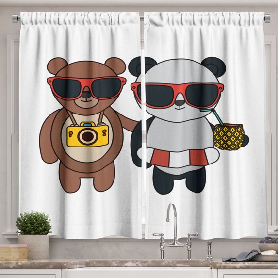 Ambesonne Cartoon Kitchen Curtains, Funny Tourist Bear Panda, 55"x45", White Dark Grey and Caramel