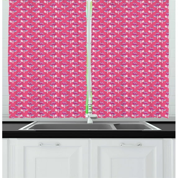 Ambesonne Cartoon Kitchen Curtains, Geometrical Curved Flowers, 55"x39", Fuchsia and Sky Blue