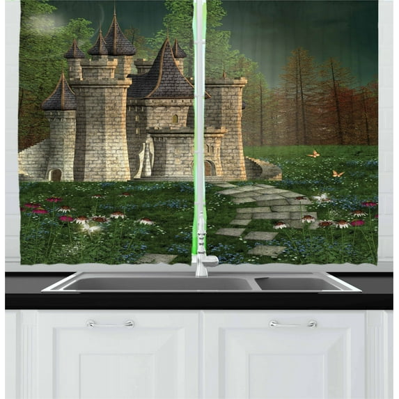 Ambesonne Cartoon Kitchen Curtains, In an Enchanted Forest, 55"x39", Multicolor