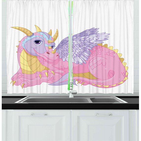 Ambesonne Cartoon Kitchen Curtains, Lady Dragon Posing, 55"x39", Pale Pink Lavender