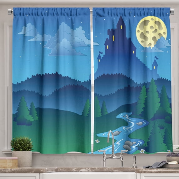 Ambesonne Cartoon Kitchen Curtains, Lonely Castle, 55"x39", Pale Yellow Jade Green