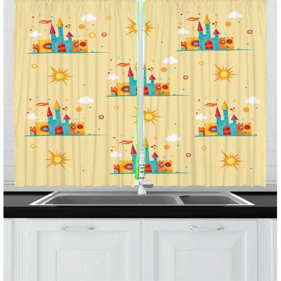 Ambesonne Cartoon Kitchen Curtains, Medieval Castle, 55"x39", Multicolor