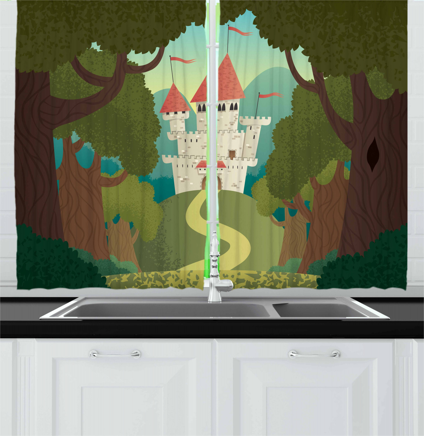 Ambesonne Cartoon Kitchen Curtains, Medieval Woodlands, 55"x39