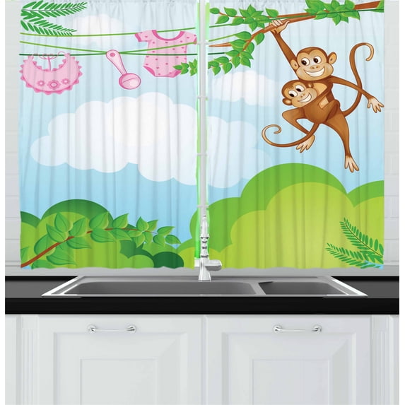 Ambesonne Cartoon Kitchen Curtains, Monkey Swinging, 55"x45", Green Brown Pink