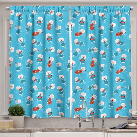 Ambesonne Cartoon Kitchen Curtains, Music Instruments Fantasy, 55"x39", White Blue and Red