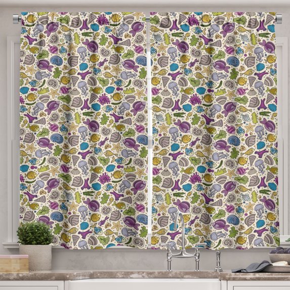 Ambesonne Cartoon Kitchen Curtains, Ocean Creatures Shells, 55"x39", Multicolor