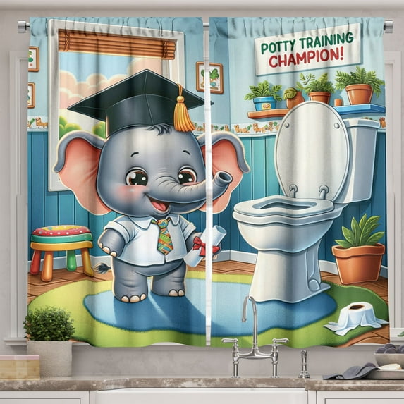 Ambesonne Cartoon Kitchen Curtains, Potty Training Elephant Art, 55"x45", Purpleblue Multicolor