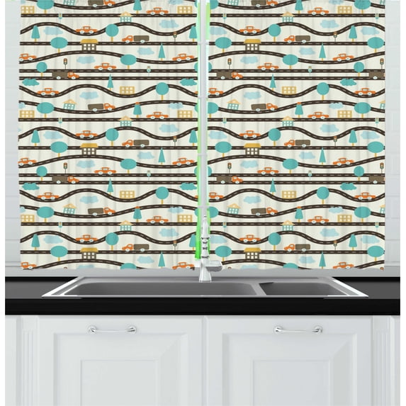 Ambesonne Cartoon Kitchen Curtains, Roads Cars and Trees, 55"x45", Ivory and Multicolor