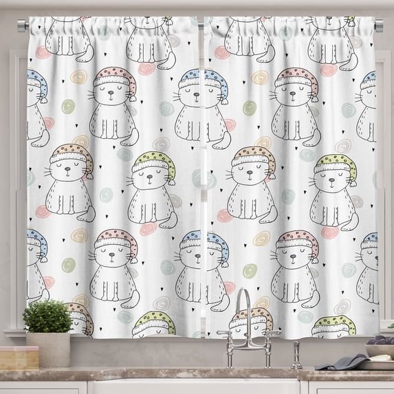 Ambesonne Cartoon Kitchen Curtains, Sleeping Colorful Cat, 55"x39", Pale Yellow Pale Blue