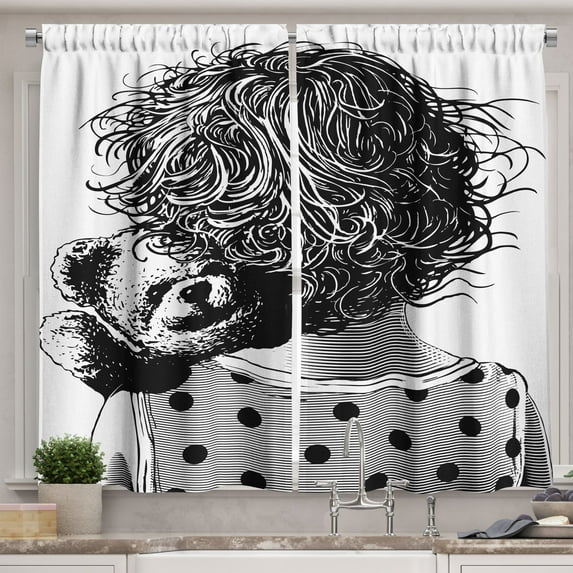 Ambesonne Cartoon Kitchen Curtains, Teddy Bear Love, 55"x45", Charcoal Grey White