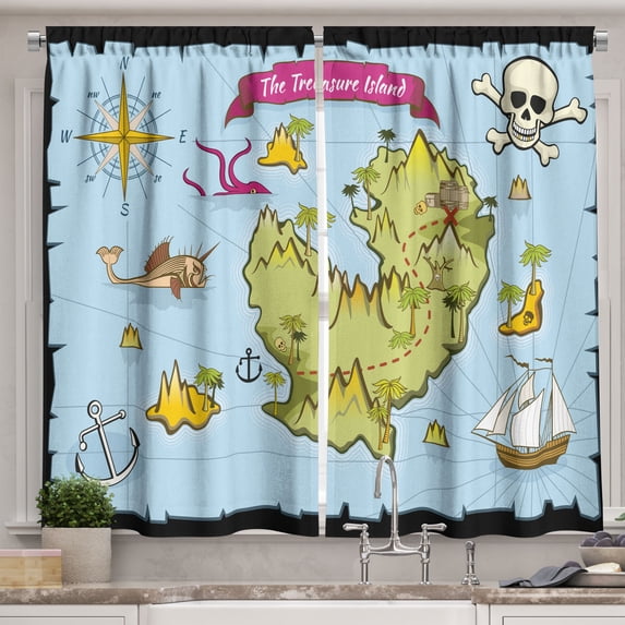 Ambesonne Cartoon Kitchen Curtains, Treasure Island Skull, 55"x24", Multicolor