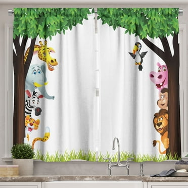 Ambesonne Cartoon Kitchen Curtains, Trees Friendly Jungle, 55"x39", Multicolor
