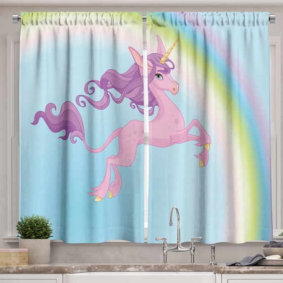 Ambesonne Cartoon Kitchen Curtains, Unicorn and Pastel Rainbow, 55"x45", Pale Blue Multicolor