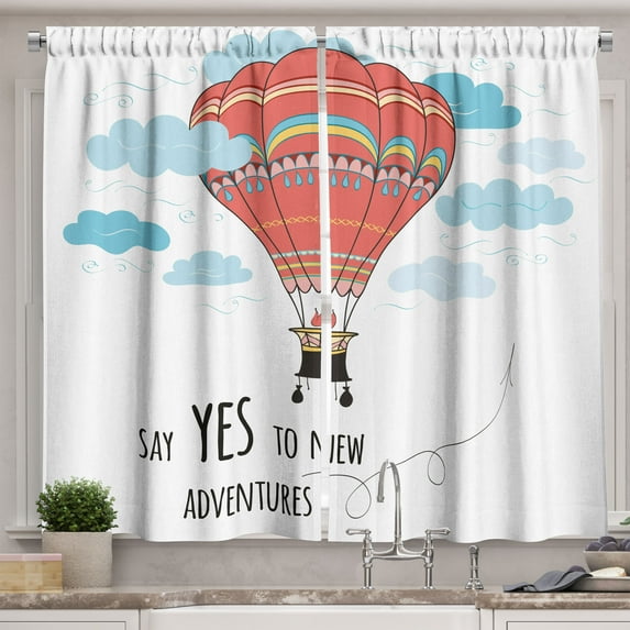 Ambesonne Cartoon Kitchen Curtains, Words Hot Air Balloon, 55"x39", Coral Sky Blue