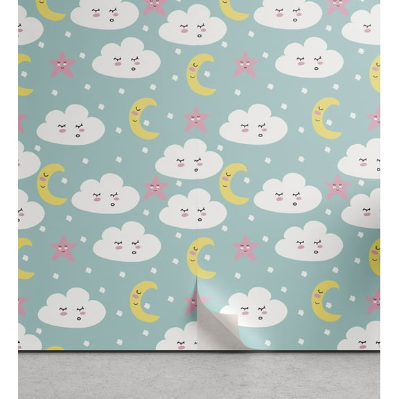 Ambesonne Cartoon Peel & Stick Wallpaper for Home, Clouds Stars and Crescents, 13"x100", Multicolor