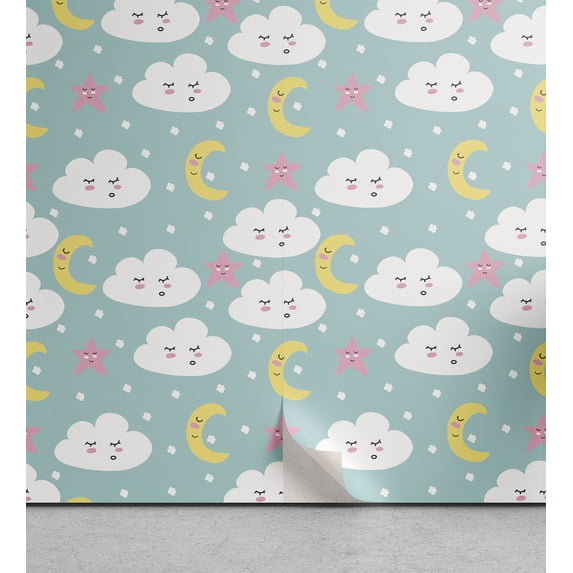 Ambesonne Cartoon Peel & Stick Wallpaper for Home, Clouds Stars and Crescents, 13"x36", Multicolor