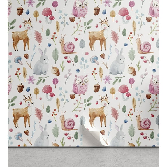 Ambesonne Cartoon Peel & Stick Wallpaper for Home, Deer Snail Owl, 13"x36", Multicolor