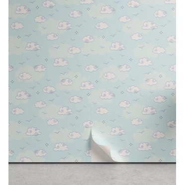 Ambesonne Cartoon Peel & Stick Wallpaper for Home, Sky with Clouds and Birds, 13"x100", Blue Purpleblue