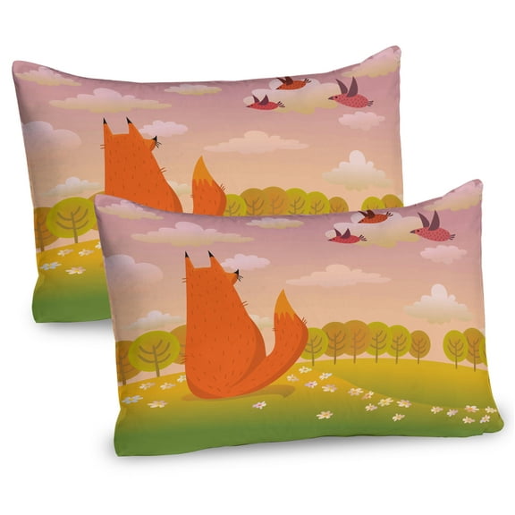 Ambesonne Cartoon Pillow Sham 2 Pack, Animal Fox Wildlife, 36"x20", Orange Lilac Green