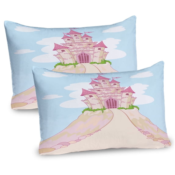 Ambesonne Cartoon Pillow Sham 2 Pack, Big Palace on Mountain, 30"x20", Pale Blue Beige and Pink