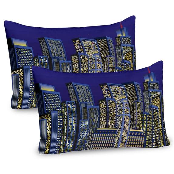 Ambesonne Cartoon Pillow Sham 2 Pack, Cityscape Square Blue, 26"x20", Dark Blue and Yellow