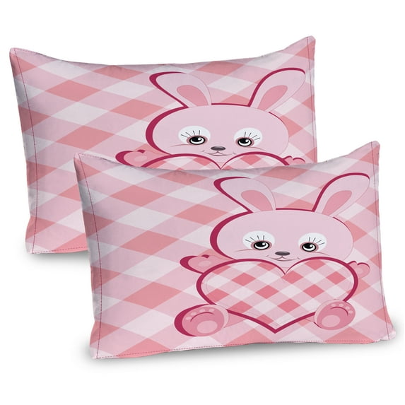 Ambesonne Cartoon Pillow Sham 2 Pack, Diamond Shape Bunny Heart, 26"x20", Pale Pink Magenta Rose