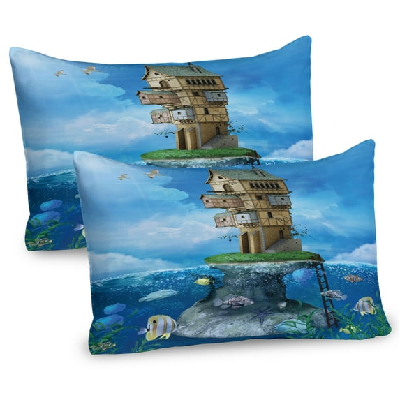 Ambesonne Cartoon Pillow Sham 2 Pack, Fantasy Fisherman House, 26"x20", Blue Brown Green