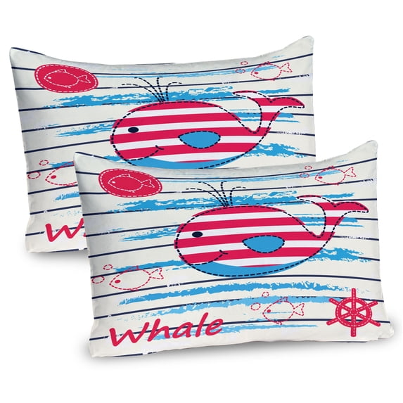 Ambesonne Cartoon Pillow Sham 2 Pack, Fish Sailor Marine Sea, 26"x20", Cream Red Blue