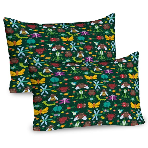Ambesonne Cartoon Pillow Sham 2 Pack, Forest Bugs ish Art, 36"x20", Emerald Multicolor