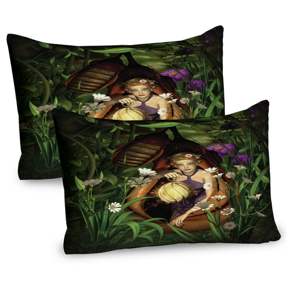 Ambesonne Cartoon Pillow Sham 2 Pack, Forest Elf in Cocoon Night, 26"x20", Green Brown