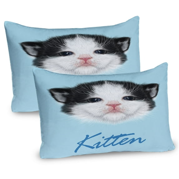 Ambesonne Cartoon Pillow Sham 2 Pack, Furry Pink Nose Kitten, 36"x20", Black White Blue