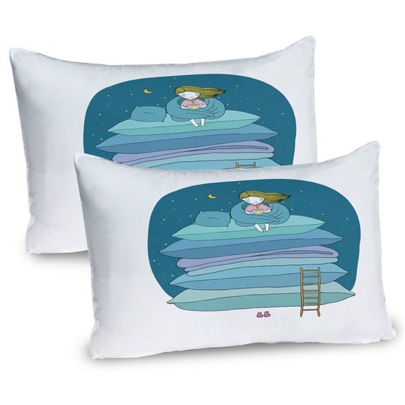 Ambesonne Cartoon Pillow Sham 2 Pack, Girl on Pillows Bedtime, 30"x20", Yellow Pink and Blue