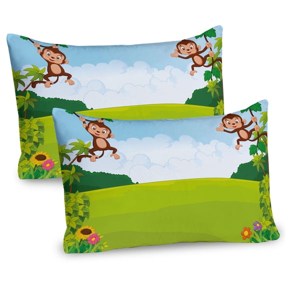 Ambesonne Cartoon Pillow Sham 2 Pack, Monkeys on Vines, 26"x20", Pale Blue Brown Green
