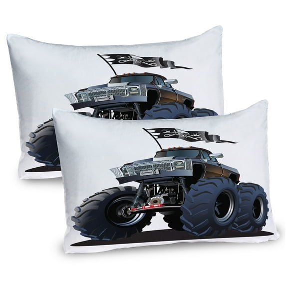 Ambesonne Cartoon Pillow Sham 2 Pack, Monster Truck Pirate, 30"x20", Cadet Blue White
