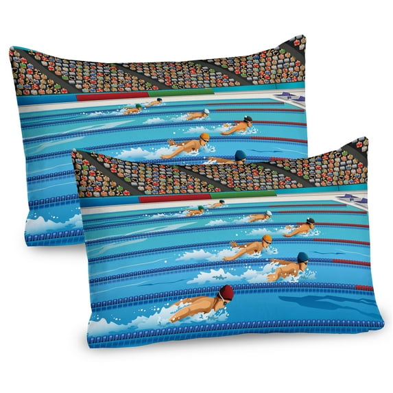 Ambesonne Cartoon Pillow Sham 2 Pack, Olympics Swimming Race, 36"x20", Blue Beige Red