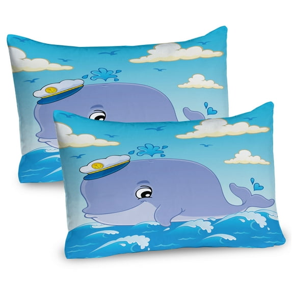 Ambesonne Cartoon Pillow Sham 2 Pack, Theme Captain Whale, 26"x20", Ceil Blue Sky Blue Cream