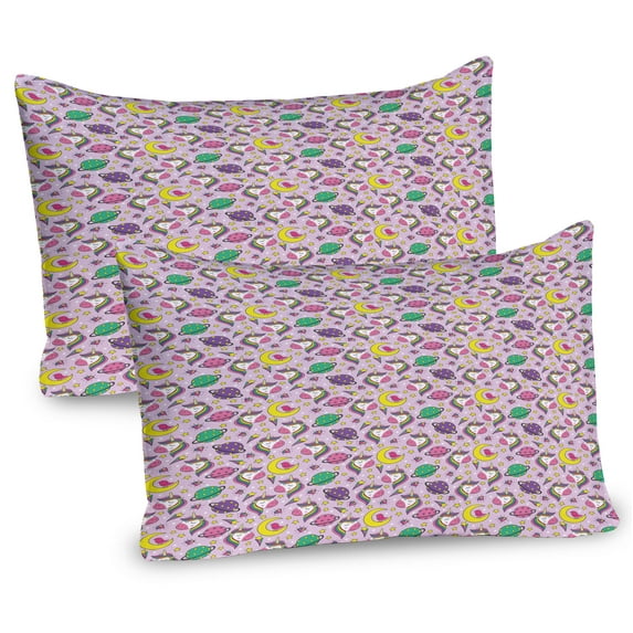 Ambesonne Cartoon Pillow Sham 2 Pack, Unicorn Planets Moon Stars, 26"x20", Pink and Lilac