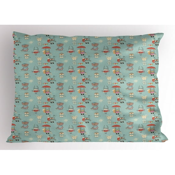 Ambesonne Cartoon Pillow Sham, Animals in Winter Doodle, 26" X 20", Multicolor