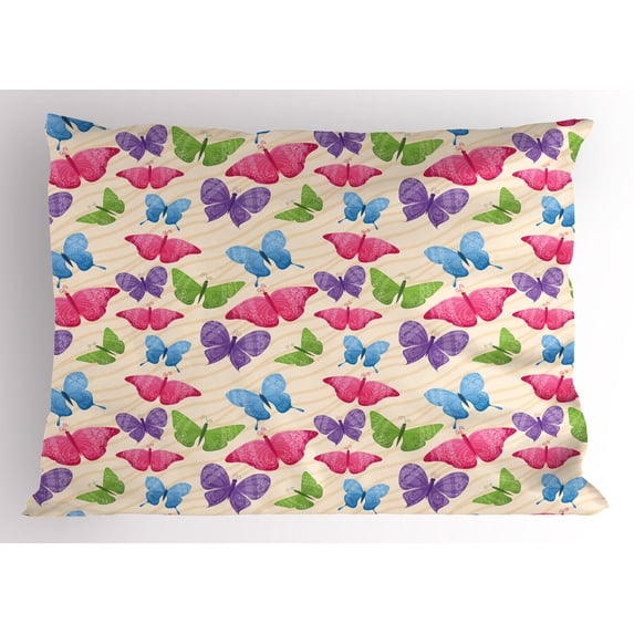 Ambesonne Cartoon Pillow Sham, Butterflies on Wavy Lines, 26" X 20", Multicolor