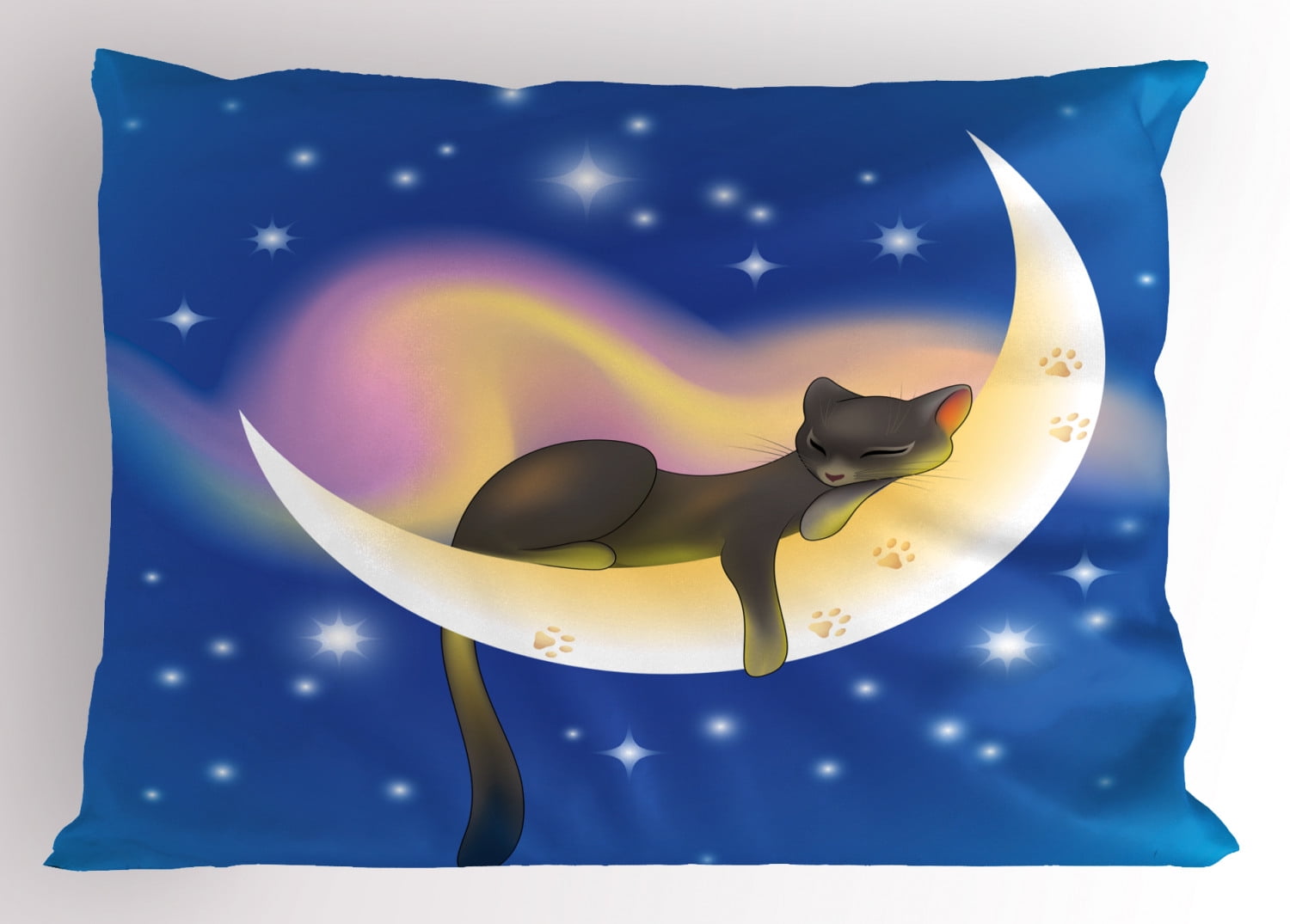 Kids Blue and Yellow Polyester Cat Pillow Sham