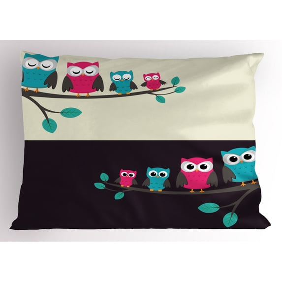 Ambesonne Cartoon Pillow Sham, Family of Owls, 26" X 20", Multicolor