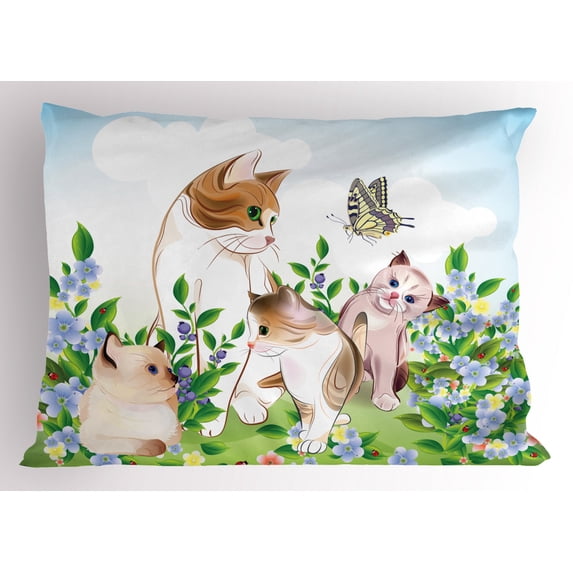 Ambesonne Cartoon Pillow Sham, Happy Kittens, 36" X 20", Multicolor