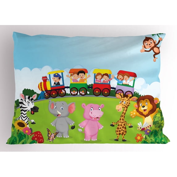 Ambesonne Cartoon Pillow Sham, Happy Savannah Forest Train, 26" X 20", Multicolor